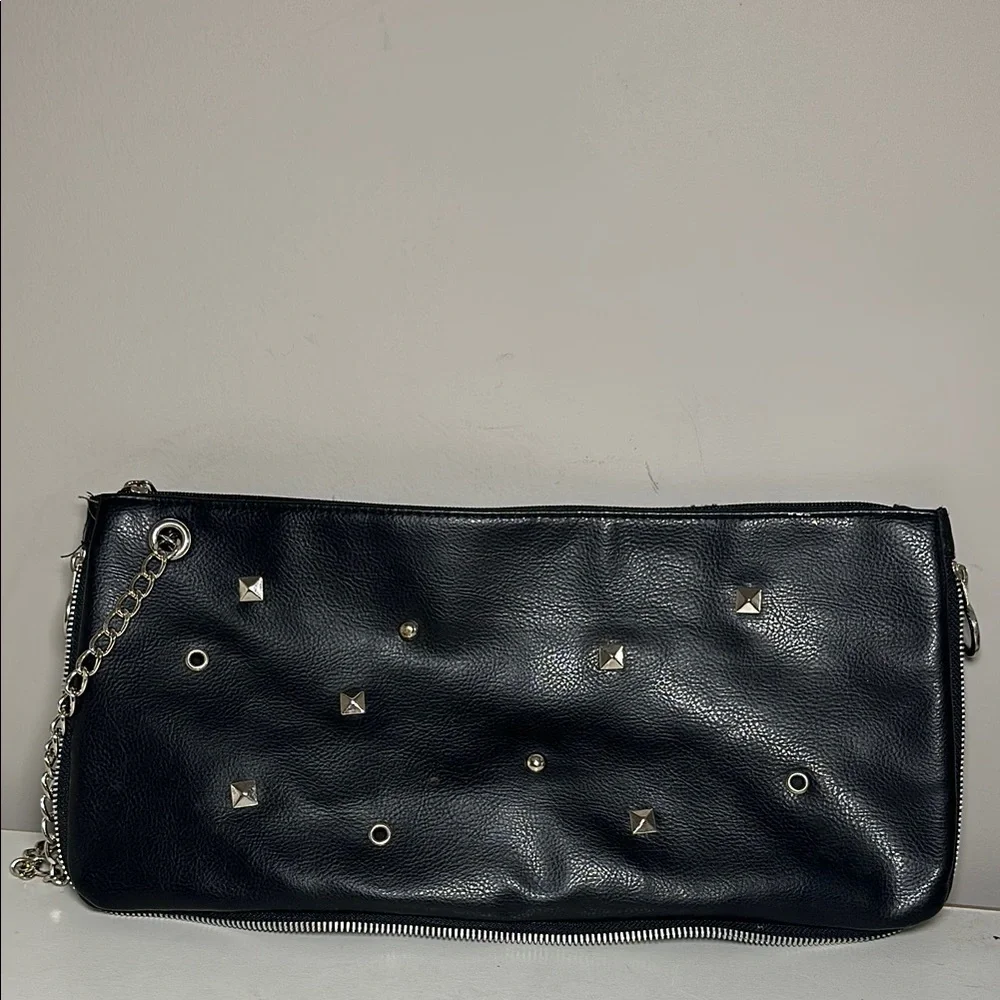 Black silver Studded faux Leather Clutch with chain expandable